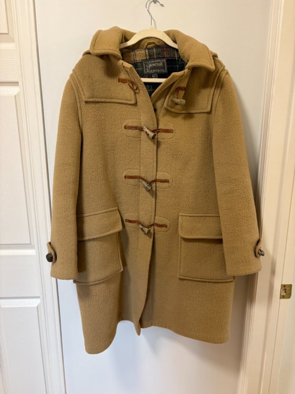 Vintage Gloverall Original Wool Duffle Hooded Toggle Coat US 16 Eur 44 Tan Plaid